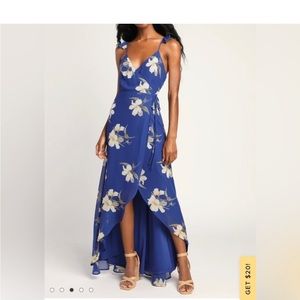 Lulus cobalt blue floral print high low maxi dress